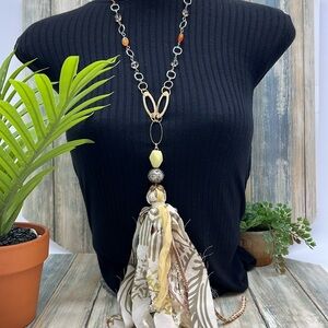⭐️Adorned Crown Jewelry assemblage green yellow tassel stone bead necklace